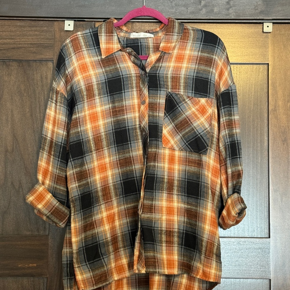 BE COOL Plaid Button Down Shirt - Orange and Black
